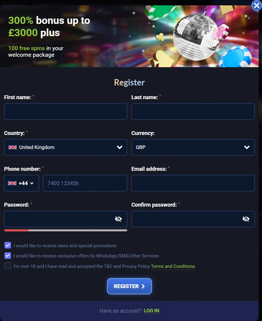 Registration form for DiscoWin with £3000 welcome bonus