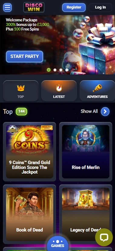Homepage with 300% welcome package up to £3000 and top slot games