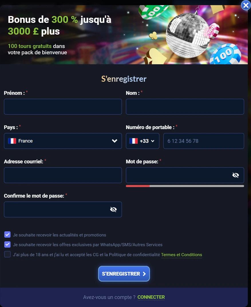 Formulaire d’inscription avec bonus de 300 % jusqu’à 3 000 €