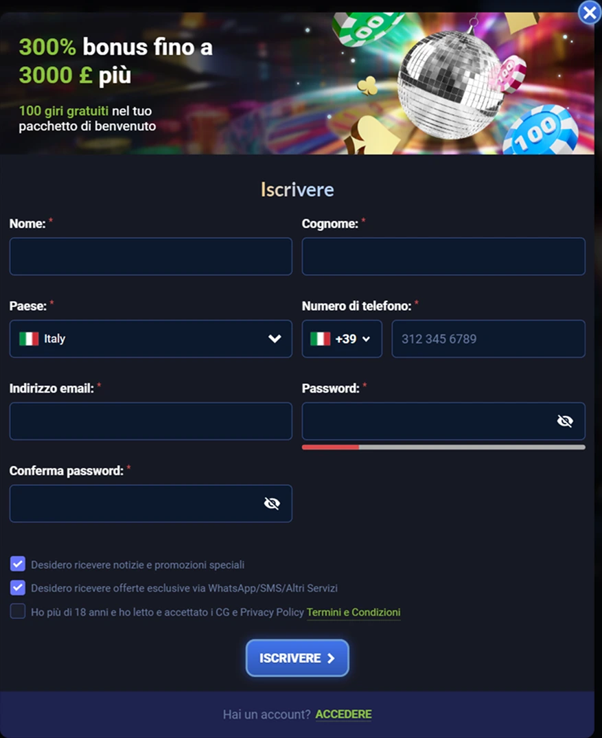 Modulo di registrazione con bonus 300% fino a £3.000