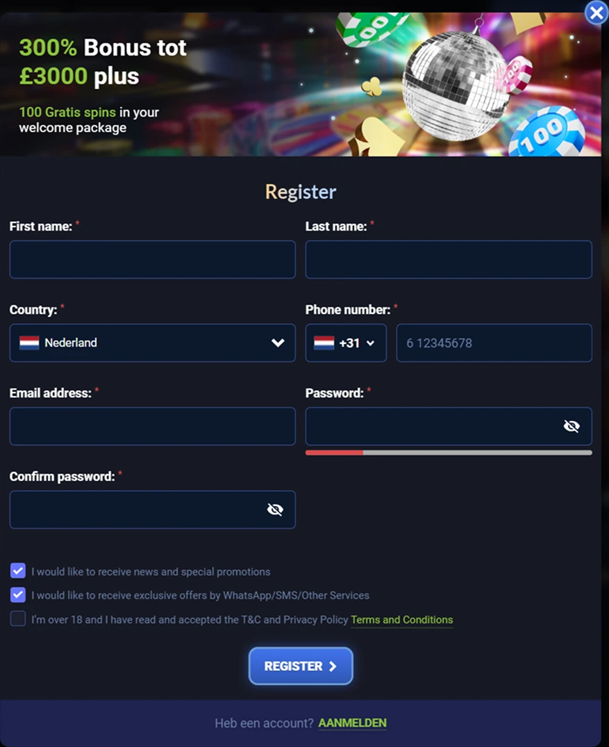 Registration form with £3,000 bonus offer