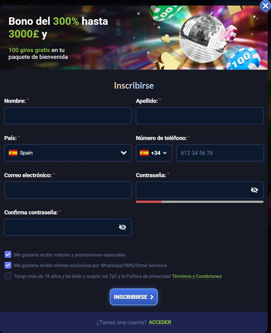 Formulario de registro con bono del 300% hasta 3000 €