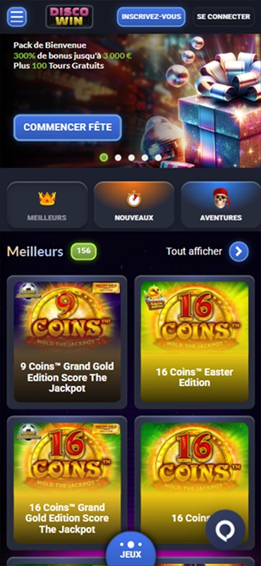 Page d’accueil avec bonus de bienvenue et jeux populaires