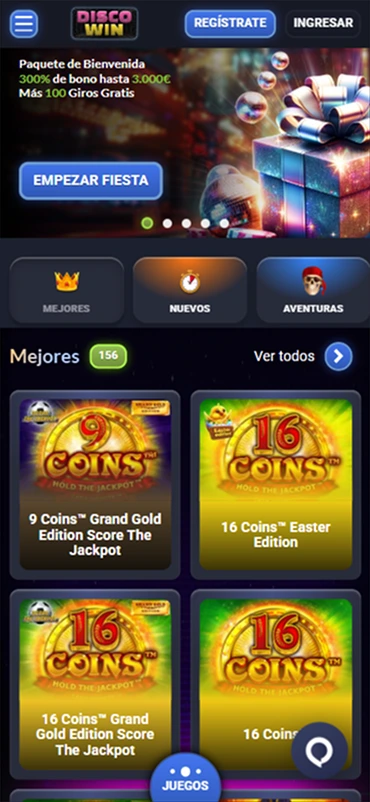 Página principal con juegos populares y bono de bienvenida