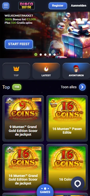 Home screen with top slots and welcome banner