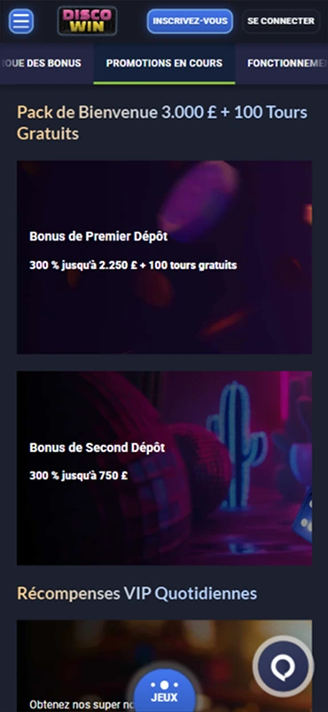 Page des promotions avec pack de bienvenue