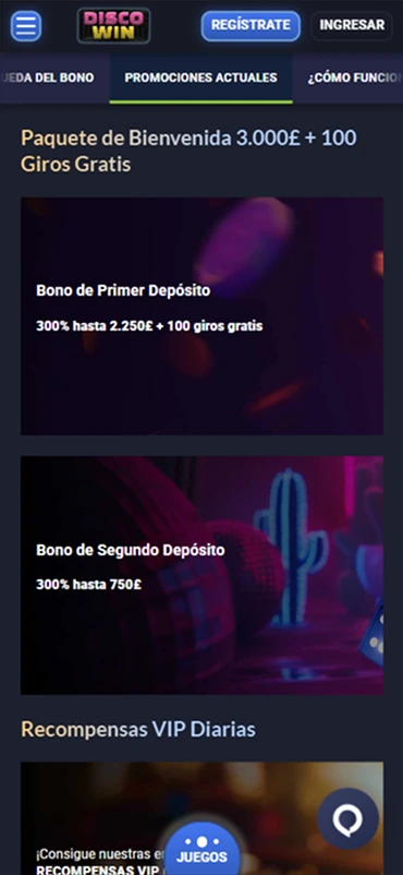 Página de promociones con paquete de bienvenida