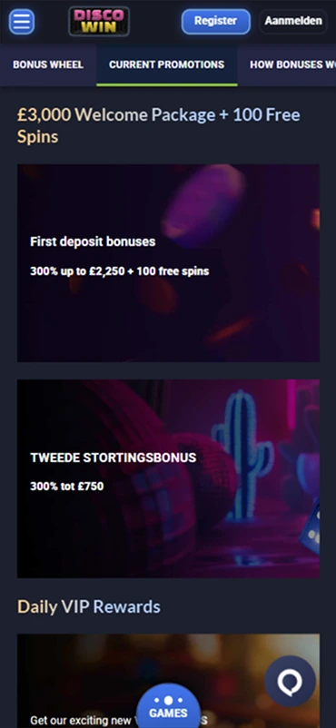 Promotions page with bonus offers