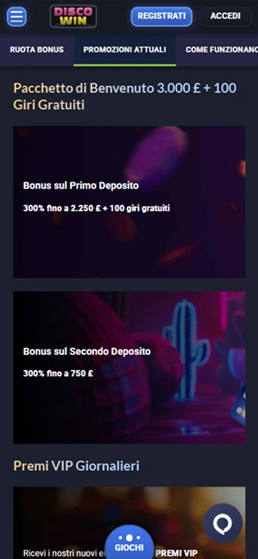 Pagina promozioni con bonus di benvenuto
