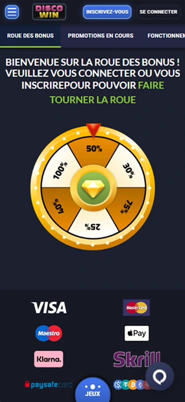 Roue des bonus DiscoWin avec pourcentages de récompense