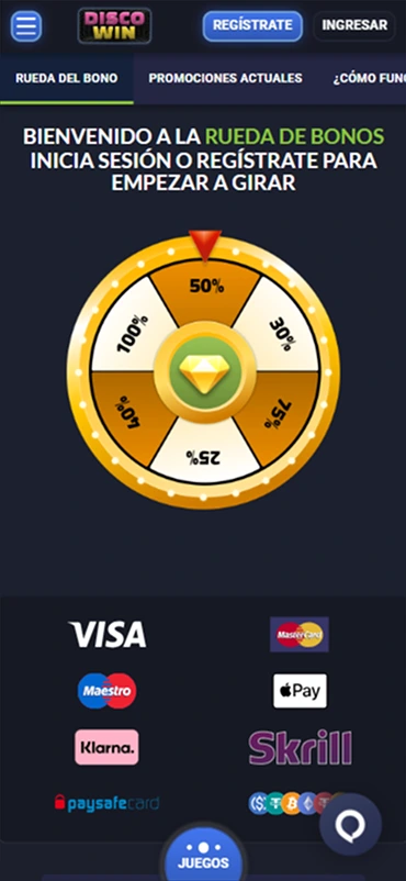 Ruleta de bonificación DiscoWin con porcentajes de premio